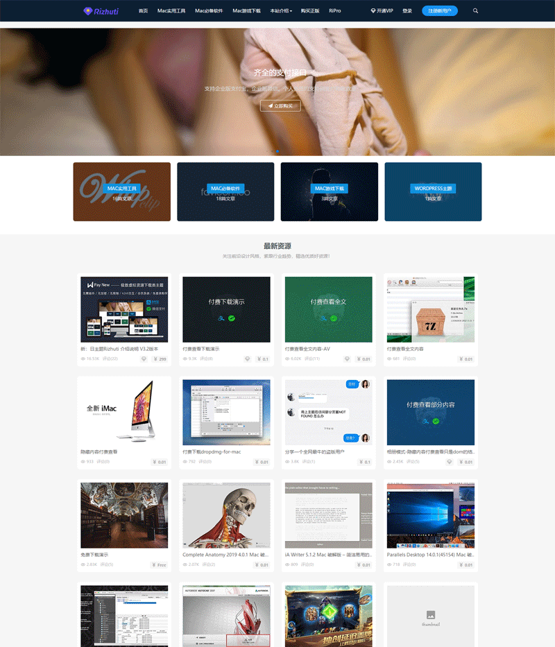 WordPress高端日主题Rizhuti3.3破解版，虚拟资源下载类站点源码